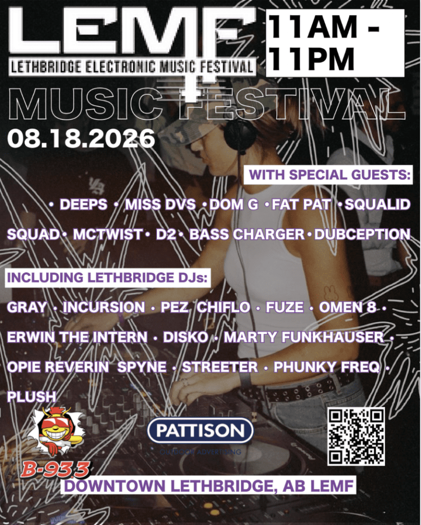 LEMF (Lethbridge Electronic Music Festival) Poster. Date: August 18, 2026, Time: 11AM–11PM. Location: Downtown Lethbridge, AB.