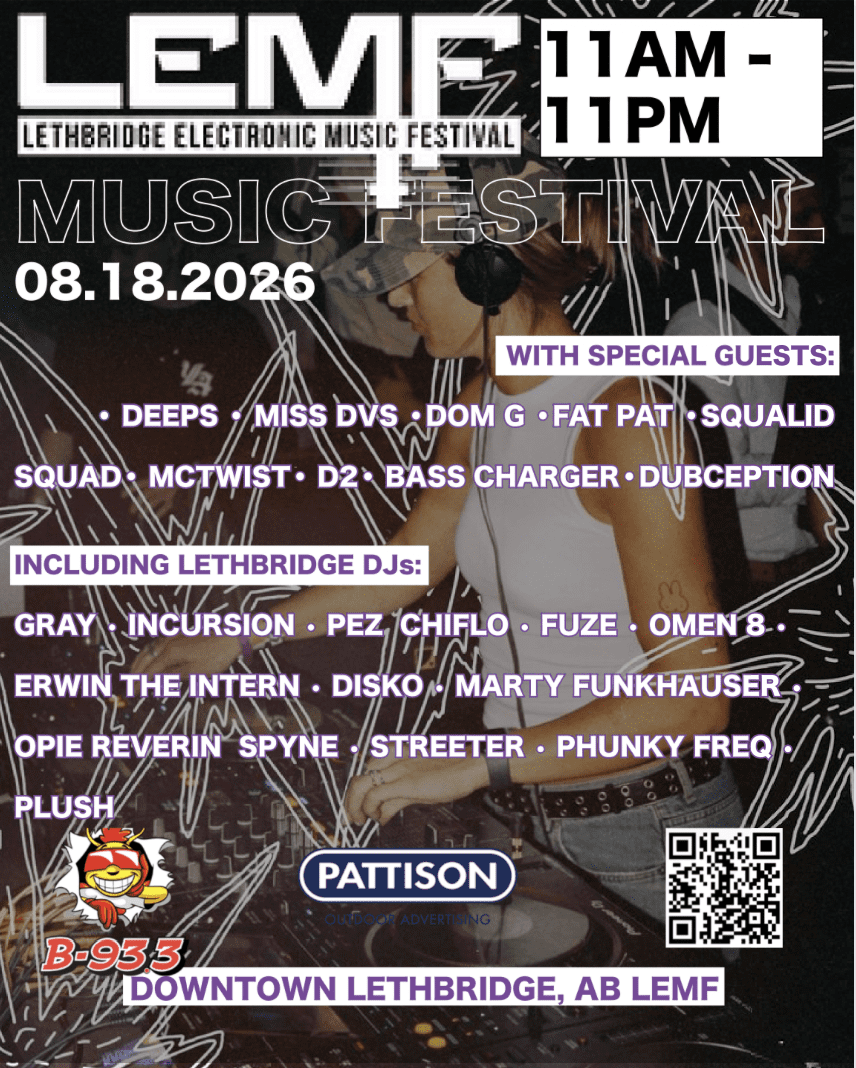 LEMF (Lethbridge Electronic Music Festival) Poster. Date: August 18, 2026, Time: 11AM–11PM. Location: Downtown Lethbridge, AB.