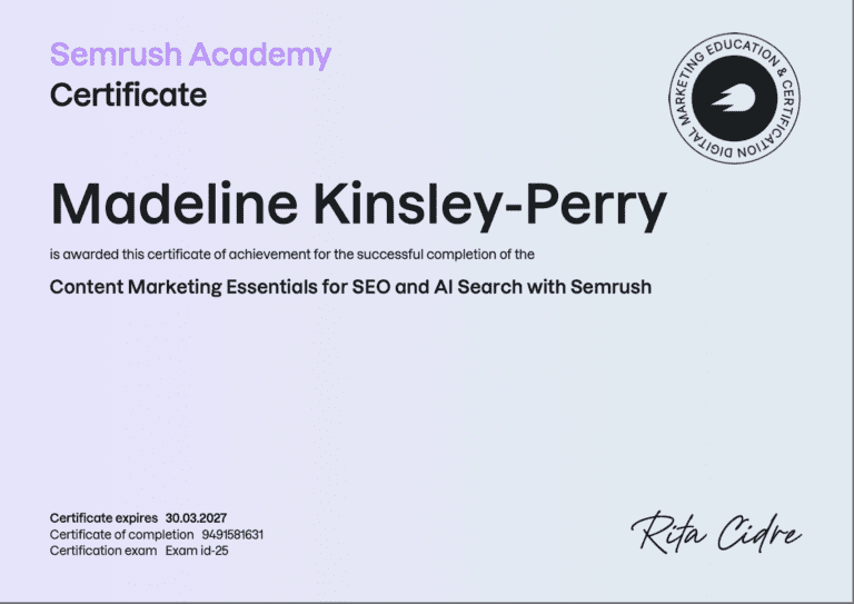 Semrush Academy Certificate for "Content Marketing Essentials for Seo and Ai Search with Semrush"