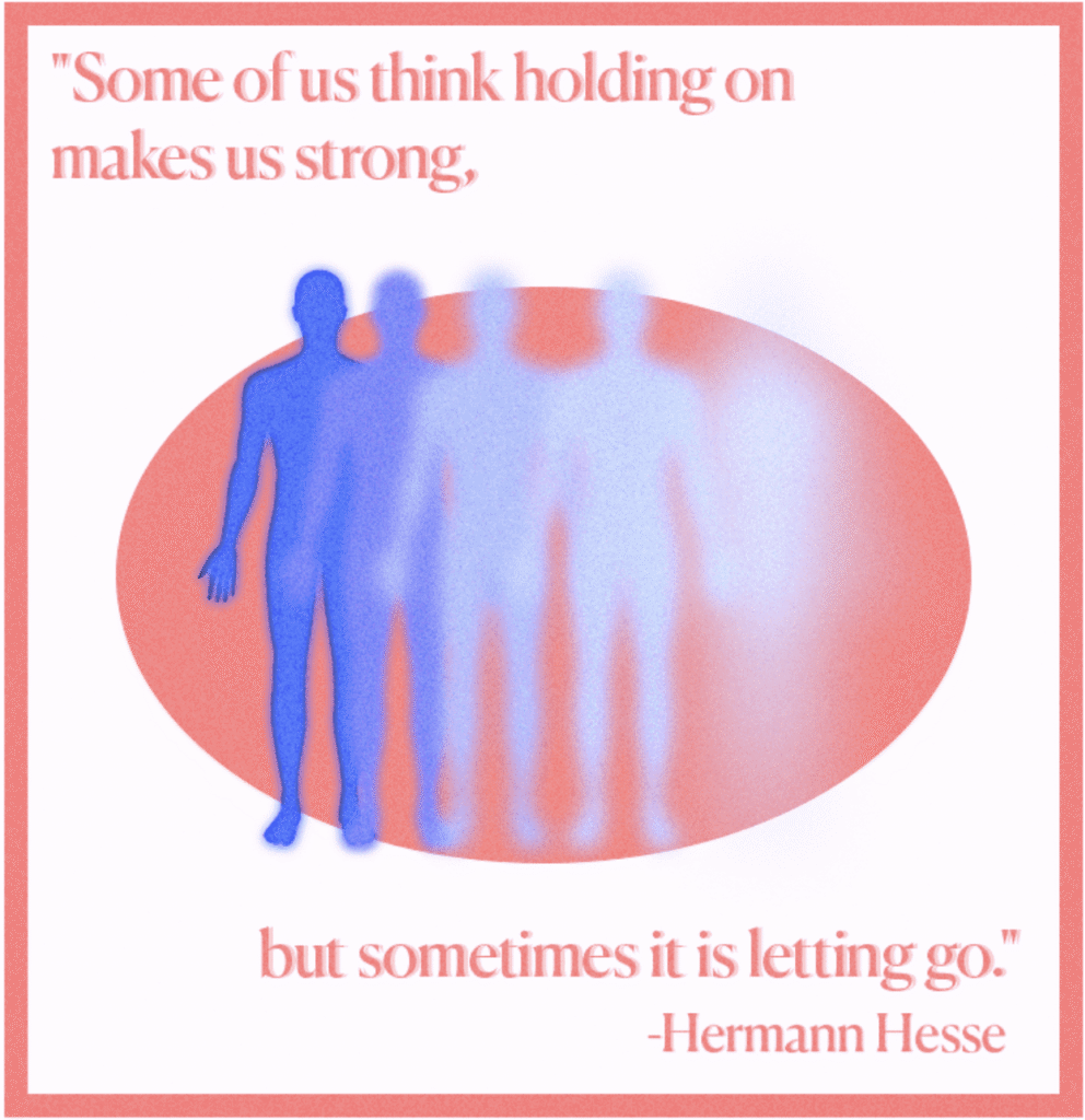 Quote graphic by Hermann Hesse about strength and letting go, with fading human silhouettes.