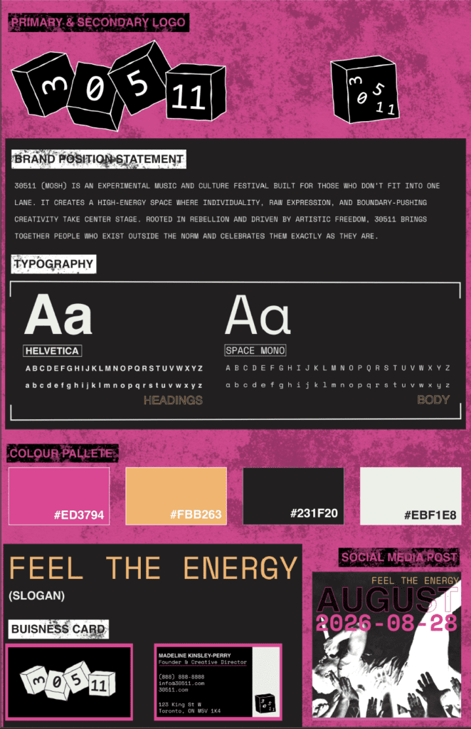 Brand board for 30511 (MOSH) festival showing logo, typography, color palette, and marketing assets.