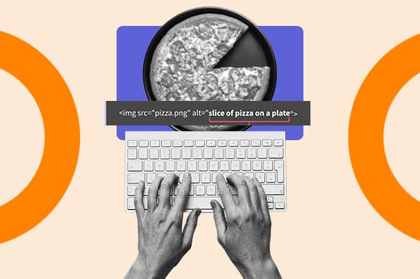 pizza on a plate with alt description code explaining the image as somebody types across keyboard.